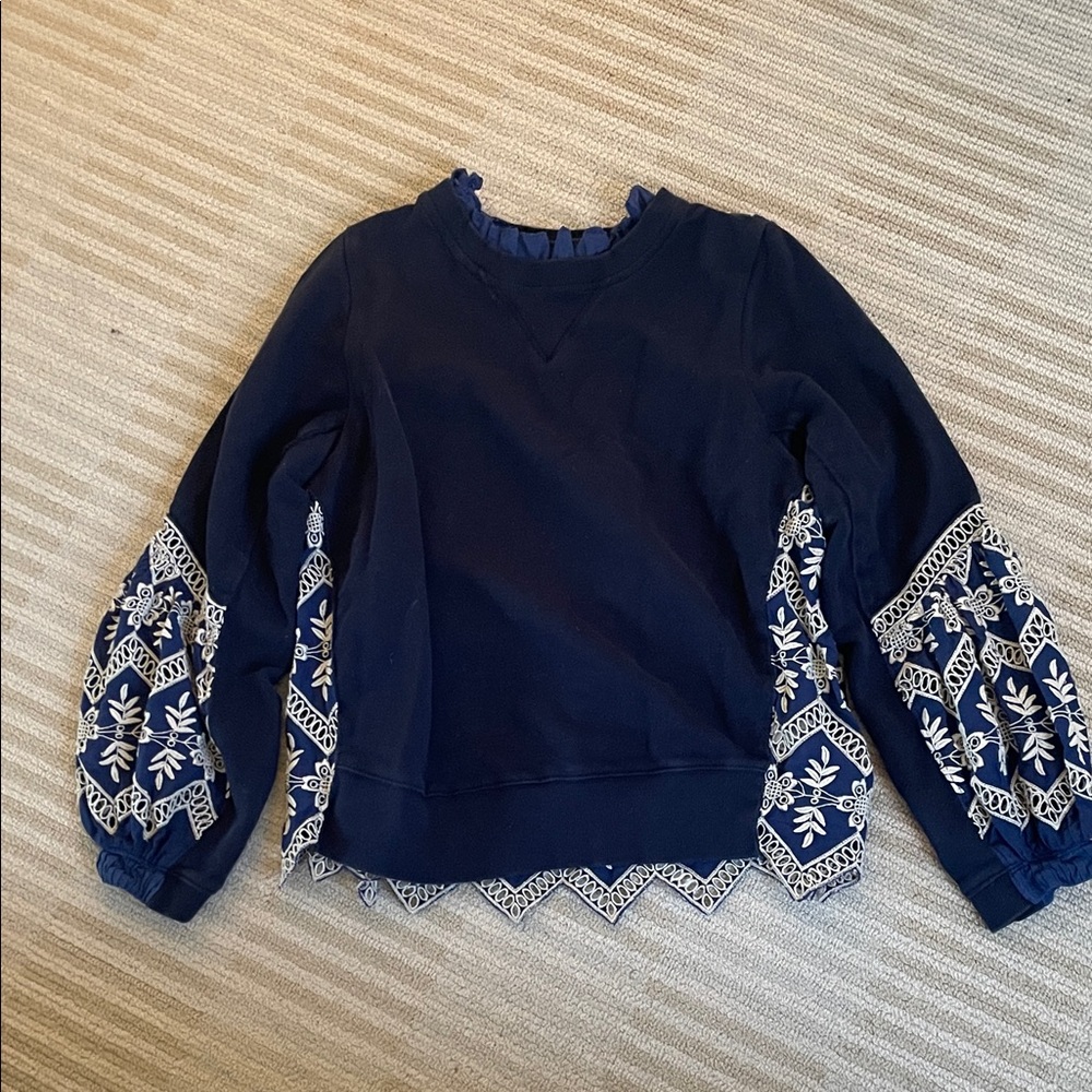 SEA New York Blue Top with Embroidered Sleeves